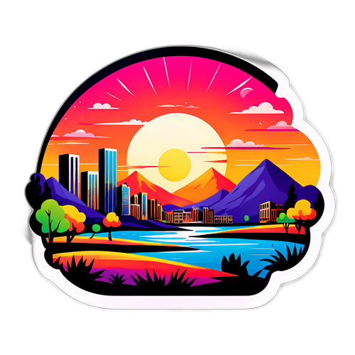 Diseño de sticker de la ciudad de Plottier al atardecer