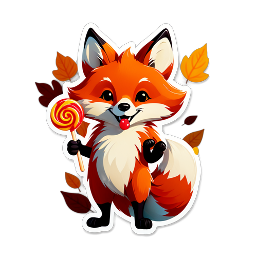 活泼的卡通狐狸举着棒棒糖，秋天森林背景，色彩缤纷的树叶