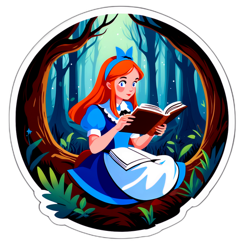 Una curiosa raffigurazione di Alice Neri che legge un libro antico in una foresta mistica