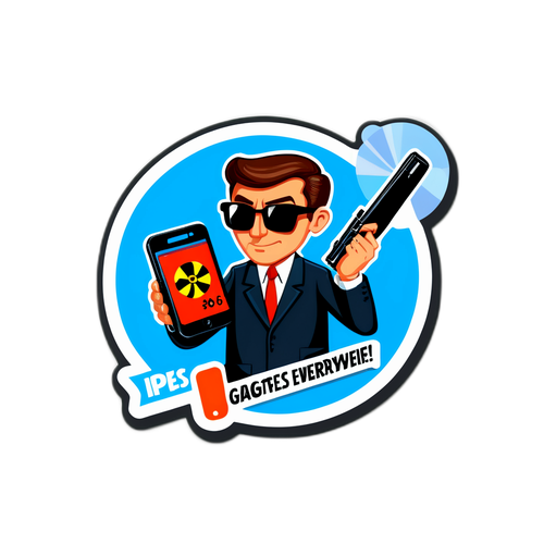 Sticker van een spion uit de jaren '60 met gadgets