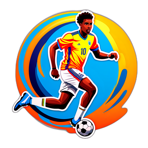Eine dynamische Illustration von Lamine Yamal dribbelnd mit einem bunten, sportlichen Hintergrund
