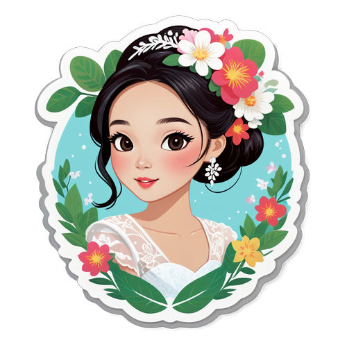 Sticker của Phương Nhị nhì trong phong cách cưới với nền hoa