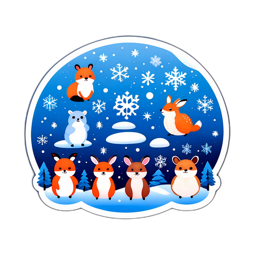 可愛的小動物在雪中的冬季雪花插圖
