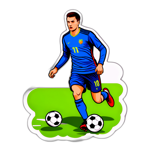 Adesiv cu Denis Drăguș driblând adversarii pe terenul de fotbal