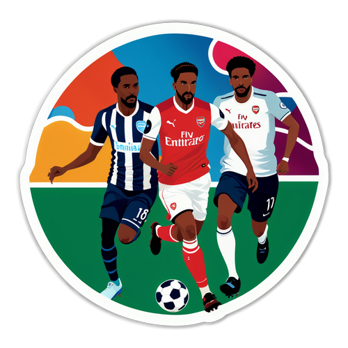 Sticker met kleurrijke illustratie van Brighton en Arsenal in een sportieve setting