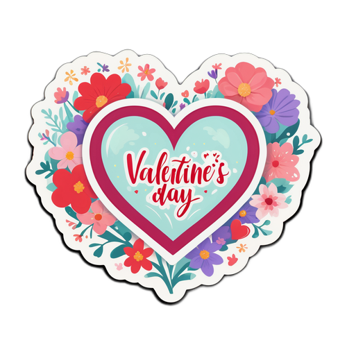 Autocollant représentant un cœur entouré de fleurs pour célébrer la Saint-Valentin
