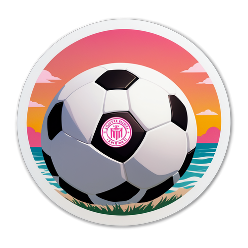 Ballon de soccer avec logo d'Inter Miami au coucher de soleil côtier