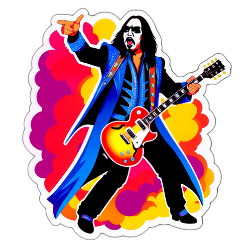 Een sticker van Ace Frehley die een epische gitaarsolo speelt