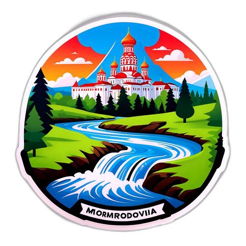 Дизайн с самым известным памятником Мордовии на фоне течения ручья