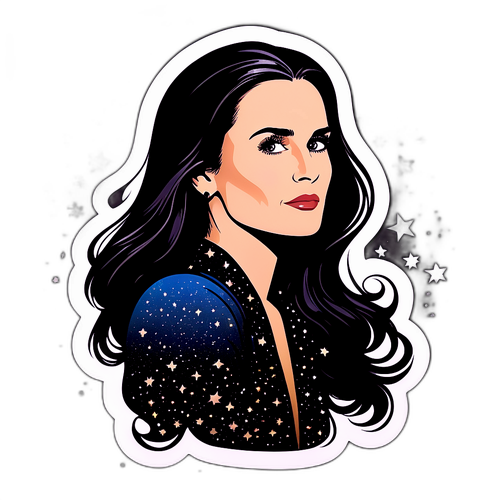 Ilustrace siluety Demi Moore na pozadí se třpytivými hvězdami