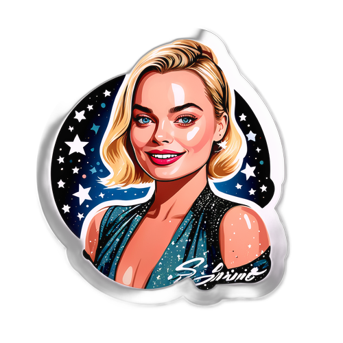 Een stijlvolle sticker van Margot Robbie met een glamoureuze outfit en sterren eromheen, met de tekst 'Shine Bright'