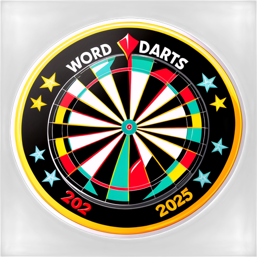 Ontwerp van een dartbord met pijlen en de tekst 'World Cup Darts 2025' in sprankelende kleuren.