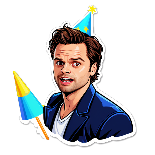 Un abțibild cu Sebastian Stan cu o expresie amuzantă, purtând o pălărie de petrecere