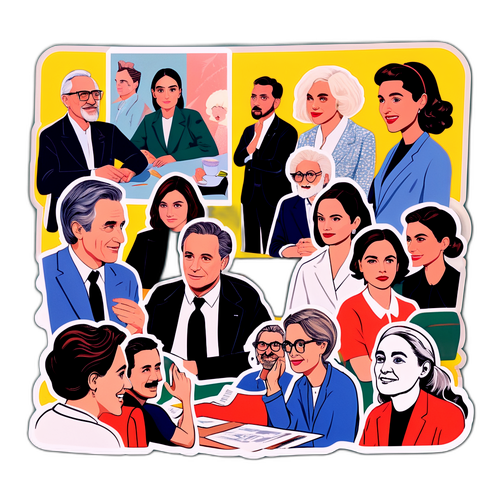 Collage d'illustrations par Léa Salamé avec des invités célèbres autour d'une table d'interview