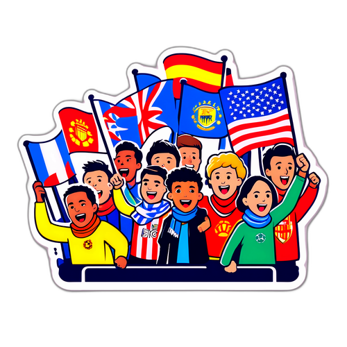 מדבקה קלילה של קהל מעודד עם דגלים וצעיפים במהלך רגעי לחץ בליגת האלופות