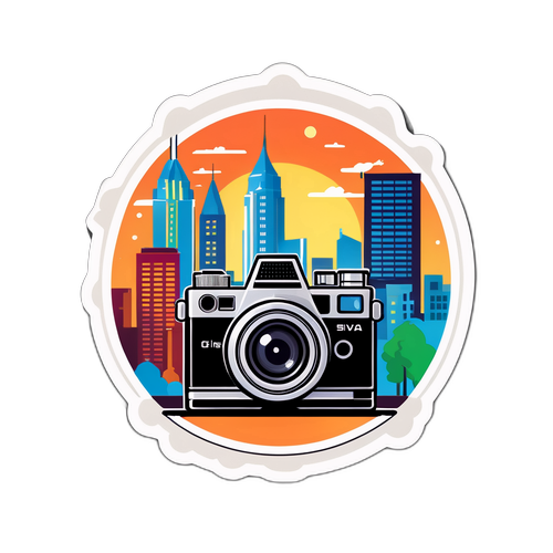 Sticker van de skyline van een stad met een filmcamera