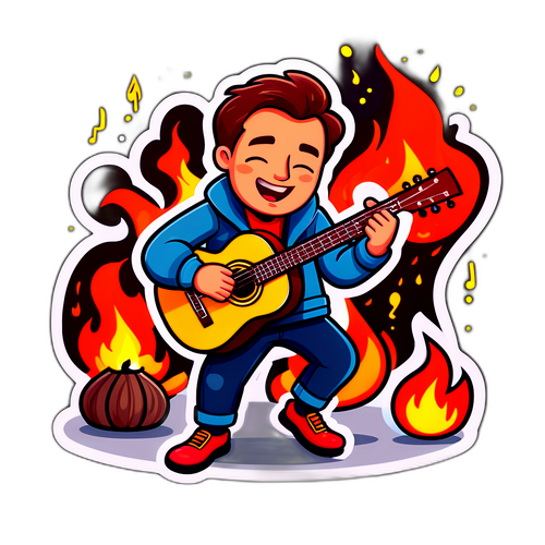 Kreslená postava Tomáše Kluse hrajícího na kytaru u ohně
