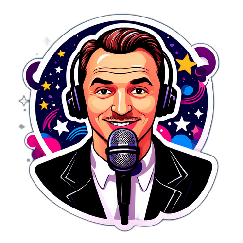 Fajny sticker Tomasza Wygody z mikrofonem w stylu szkicu i gwiazdkami