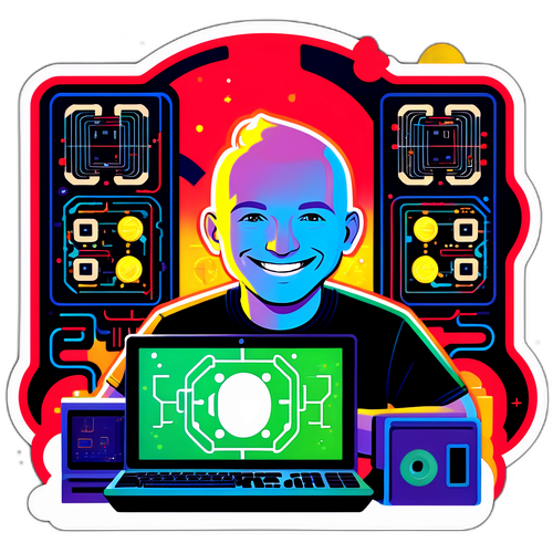 Немецкий Клименко, улыбающийся и обнимающий современный компьютер