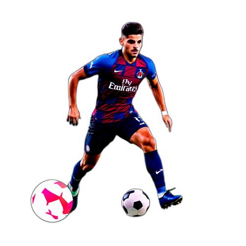 Силуэт Андре Силвы с мячом на фоне яркого футбольного поля