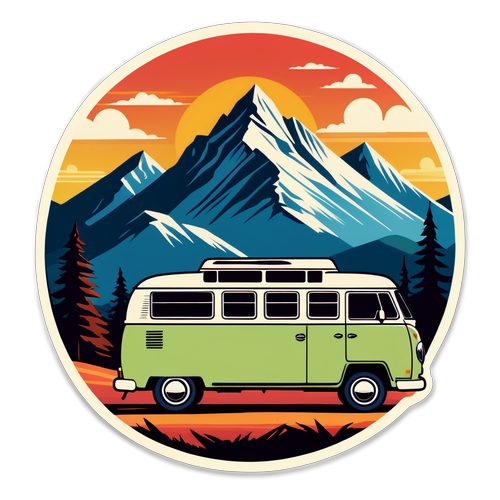 Retro Camper Van in Front of a Mountain Range at Sunset
