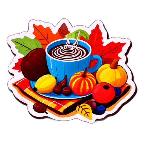 Desenho de um cobertor de outono, com frutas sazonais e uma xícara de chocolate quente
