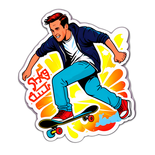 En klistermärke av Sean Stewart som gör tricks på sin skateboard