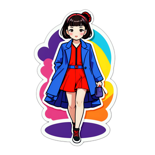 ランウェイで歩くカンナ・ハシモトのカラフルなステッカー