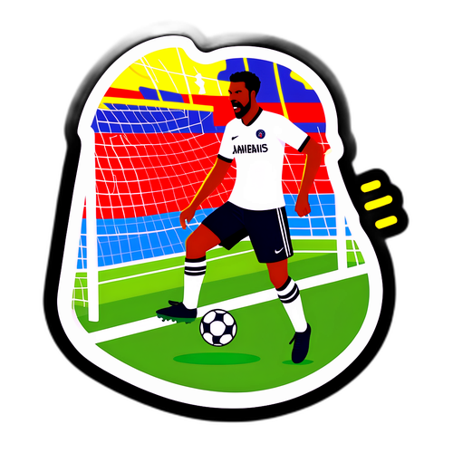 Sportovní nálepka ilustrující penaltový rozstřel během zápasu Sporting vs. PSG