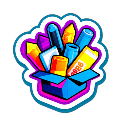 サブスクリプションサービスの開放された箱から飛び出すカラフルなアイテムのステッカー