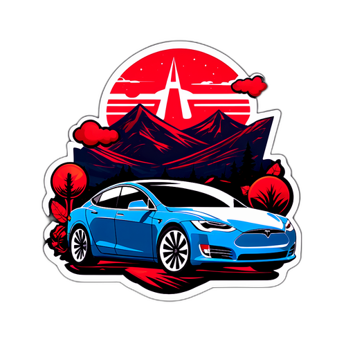 테슬라 자동차와 상징적인 배경이 결합된 혁신적인 스티커 디자인