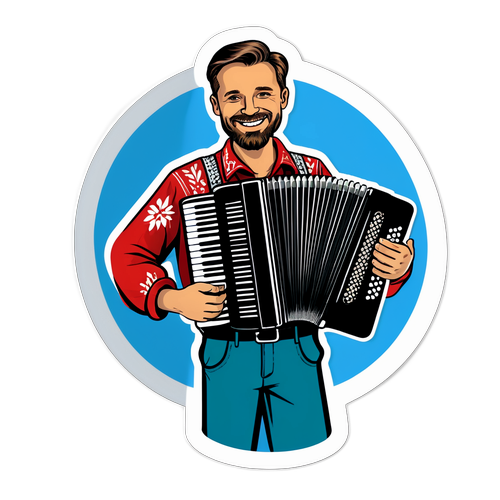 Rysunek Jacka Cygan w tradycyjnej polskiej koszuli ludowej z akordeonem