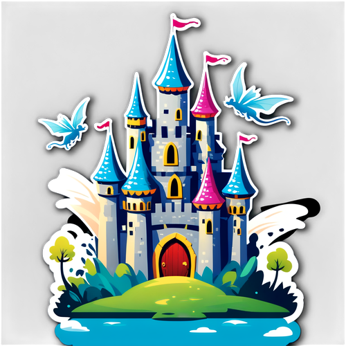 Whimsical Fairy Tale Castle with Flying Dragons and Fairies