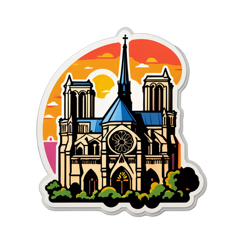 Sticker van de Notre Dame met een zonsondergang