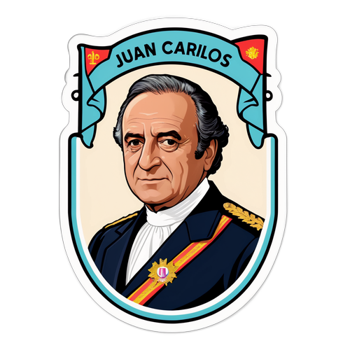 Een sticker van Juan Carlos met historische achtergrond