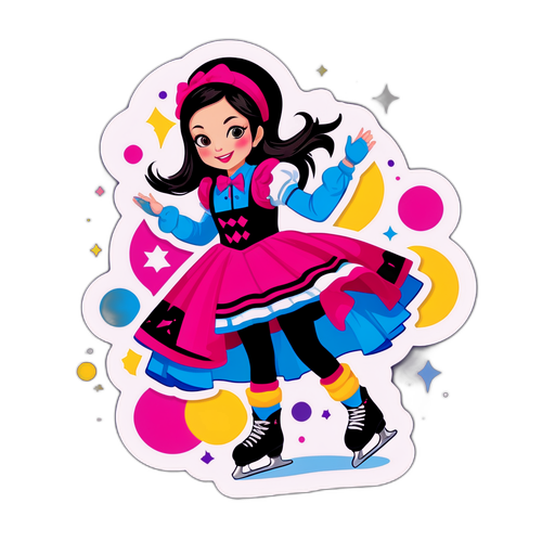 Дизайнерская наклейка с Элис Лю, ярко одетой и выполняющей трюк на коньках