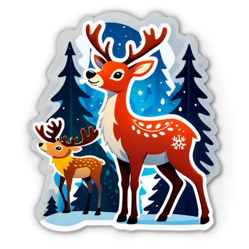 Sticker na may Mistikal na Tema ng mga Reindeer sa Snowy Background