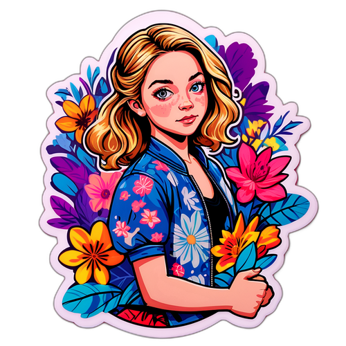 Sticker af dramatisk kvinde omgivet af blomster