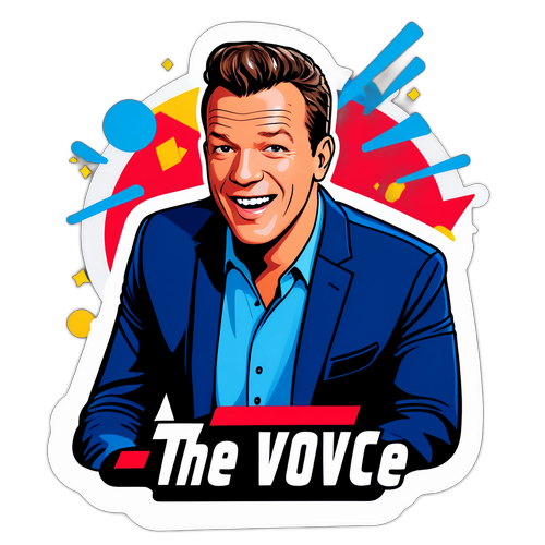 Grafische weergave van een televisie met Benjamin Castaldi als presentator, met de woorden 'The Voice of the Show'