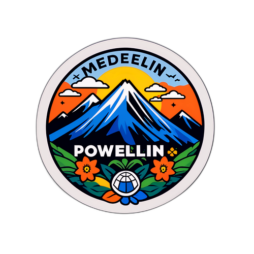 Sticker mostrando el logo de Medellín, rodeado de elementos que simbolizan la ciudad, y el lema 'Poderoso de la Montaña'