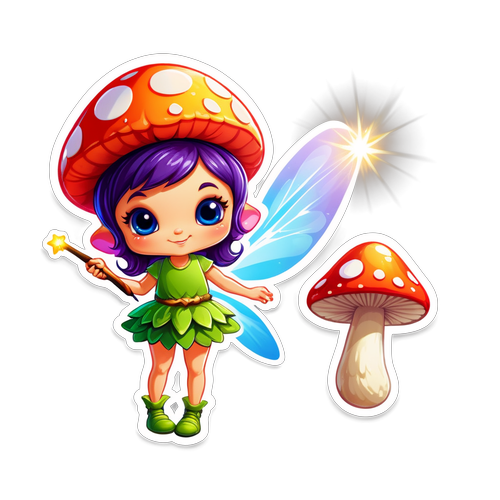 一个小仙子拿着魔杖站在蘑菇上，发出闪亮的光芒