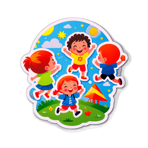 Nálepka s veselými ilustracemi dětí hrajících si venku