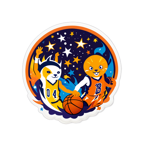 Sticker ng mga Mascot ng Pacers at Suns sa Isang Action-Packed na Basketball Scene