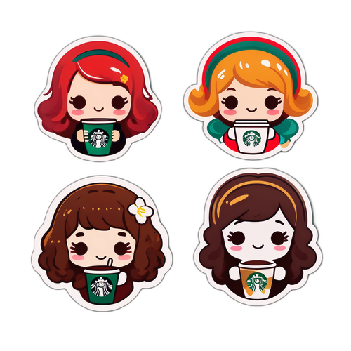 スターバックスのコーヒーカップを持つ可愛いキャラクターのスタンプ
