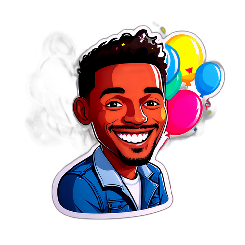 Visage souriant de Jean Silva avec ballons et confettis