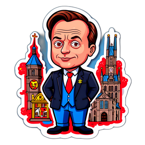 Cartoonachtige sticker van Bart De Wever met Antwerpse symbolen