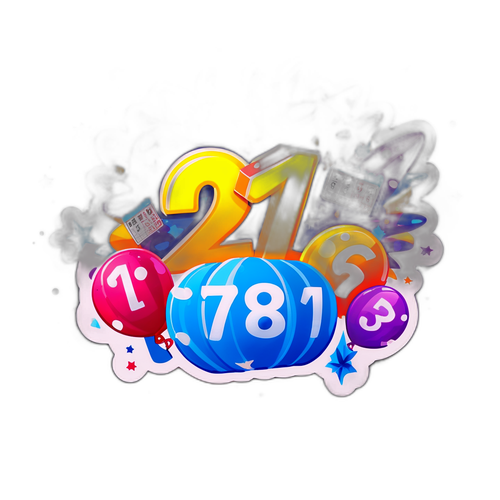 A sticker com os números da Lotomania 2781 e um bilhete de loteria, com fundo de confete e fogos de artifício