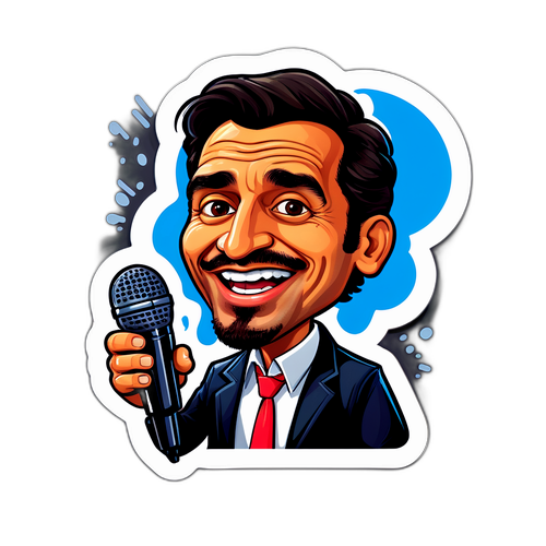 Sticker de Raul Lavie con una caricatura divertida de su cara y un micrófono