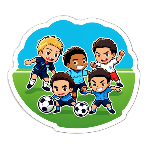 Смешные персонажи, играющие в футбол на поле, в аниме стиле, представляющие Лигу чемпионов