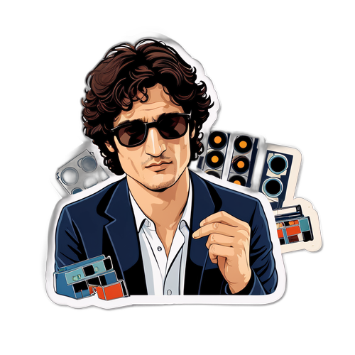 Un portrait de Louis Garrel avec des lunettes de soleil, entouré de pellicules de film.